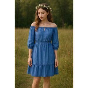 Milly Blue Linen Off Shoulder Dress Size S Boho Chic Resortwear Coastal Vacation